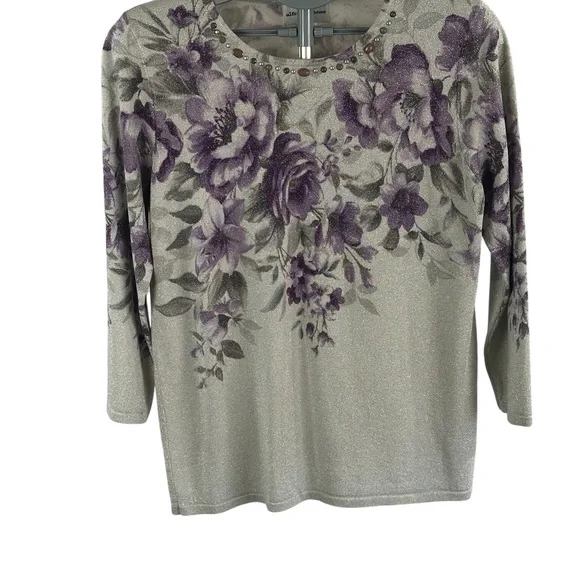 Women’s Floral Glitter Knit Top with Embellished Neckline - Purple/Gray - Picture 1 of 16